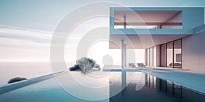 Luxury residential minimalist villa with pool and ocean on horizon. Generative AI