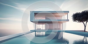 Luxury residential minimalist villa with pool and ocean on horizon. Generative AI