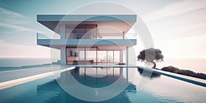 Luxury residential minimalist villa with pool and ocean on horizon. Generative AI