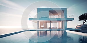 Luxury residential minimalist villa with pool and ocean on horizon. Generative AI