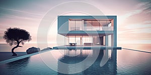 Luxury residential minimalist villa with pool and ocean on horizon. Generative AI