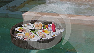 Luxury resort breakfast served on floating