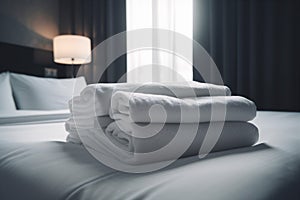 luxury resort fresh white home bed hotel room towel service. Generative AI.