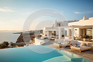 Luxury resort hotel with pool and white house by sea at sunset in summer. Rich mansion with terrace near beach in Greek style.