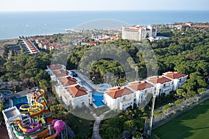 Luxury resort hotel with a swimming pools, top view.