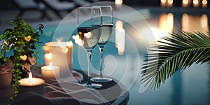 Luxury resort pool palm plant and candles glasses of wine ,with tropic roses flowers spa relaxing