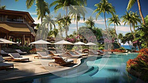 Luxury resort with swimming pool and loungers umbrellas. Sea in background