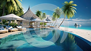 Luxury resort with swimming pool and loungers umbrellas. Sea in background