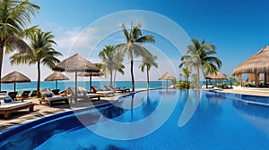 Luxury resort with swimming pool and loungers umbrellas. Sea in background