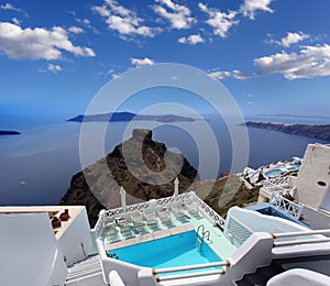 Luxury resort with swimming pool in Santorini island,