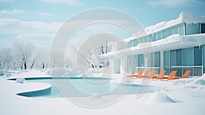 Luxury resort after unexpected snowstorm. Frozen modern hotel with a swimming pool, orange chaise-longues. Generative AI