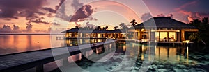 Luxury resort villas dotting amazing tropical islands, soft LED lights, dreamy seascape