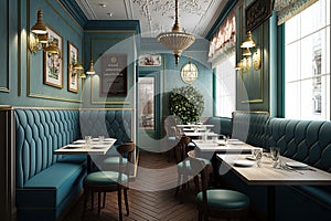 Luxury restaurant interior with blue walls, wooden floor and blue furniture