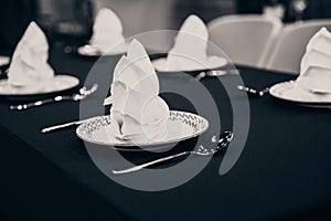 Luxury restaurant table plates and napkin setting