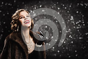 Luxury Retro Woman Happy Smiling, Chic Old Fashioned Model Portrait over Gray Bokeh Background