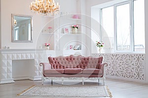 Luxury rich living room interior design with elegant classic furniture and wall decorations. Large light white room with