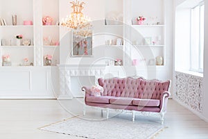 Luxury rich living room interior design with elegant classic furniture and wall decorations. Large light white room with