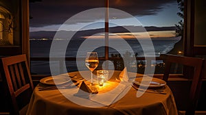 Luxury romantic candlelight dinner table setup for couple in ocean view restaurant with Champaign and wine glasses, AI Generative