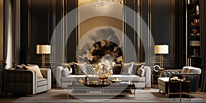 Luxury room with golden decor elements. Glamourous style interior design of modern living room