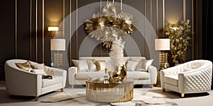 Luxury room with golden decor elements. Glamourous style interior design of modern living room