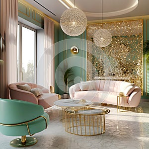 Luxury room with golden decor elements. Glamourous style interior design of modern living room. Created with generative AI