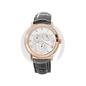 Luxury rose gold watch isolated on white. Classic watch with a white dial. Automatic wristwatch with a black leather strap