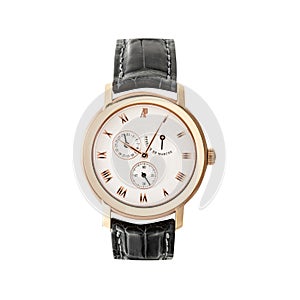 Luxury rose gold watch isolated on white. Classic watch with a white dial. Automatic wristwatch with a black leather strap