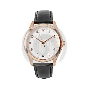 Luxury rose gold watch isolated on white. Classic watch with a white dial. Automatic wristwatch with a black leather strap