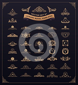 Luxury royal logo set. Crest, emblem, heraldic monogram. Vintage flourishes elements