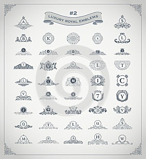 Luxury royal logo set. Crest, emblem, heraldic monogram. Vintage flourishes elements