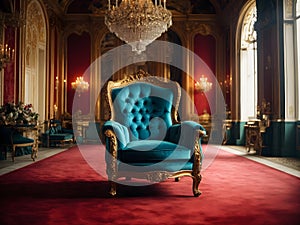 Luxury royal palace interior with armchair and red carpet.