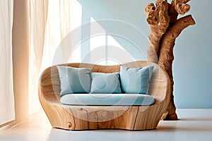 Luxury rustic handmade loveseat sofa in room with abstract wooden tree decorative column. Interior design of modern living room.