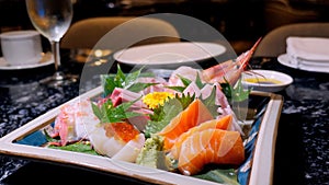 Luxury sashimi set with prawn, tuna, octopus, salmon, and more