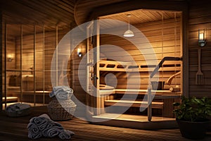 Luxury sauna interior, wooden steam room of spa in hotel or home