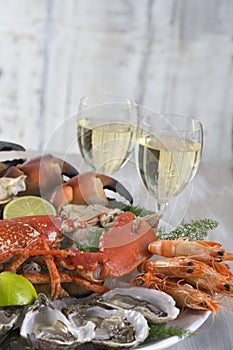 Luxury Seafood platter with lobster, oyster and white wine