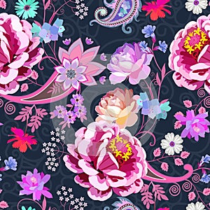 Luxury seamless pattern with paisley and garden flowers against lace ornament on dark background