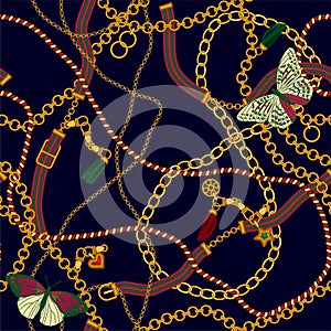 Luxury seamless vector pattern with jewelry chain and belts for fabric design.