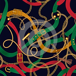 Luxury seamless vector pattern with jewelry chain and belts for fabric design.