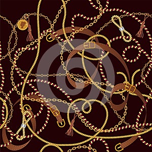 Luxury seamless vector pattern with jewelry chain and belts for fabric design.