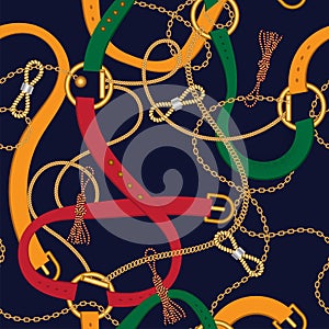 Luxury seamless vector pattern with jewelry chain and belts for fabric design.