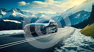 Luxury sedan driving on a scenic mountain road with panoramic views of alpine peaks and lush green forests in a tranquil