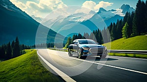 Luxury sedan driving on a scenic mountain road with panoramic views of alpine peaks and lush green forests in a tranquil