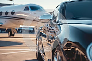 luxury sedan with private jets reflection in its polished surface