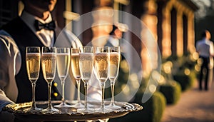 Luxury service, glasses of champagne served by a waiter at a wedding celebration or formal event in classic English