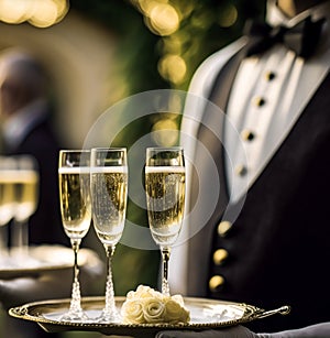 Luxury service, glasses of champagne served by a waiter at a wedding celebration or formal event in classic English