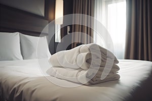 luxury service room bed home towel white hotel resort fresh. Generative AI.