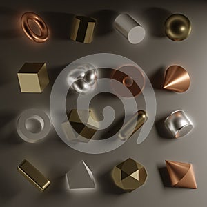 Luxury set of 3D geometric shapes, different metals, glare material
