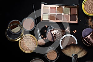 Luxury Set of cosmetics with powder, bronzer, eyeshadows, makeu