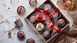 Luxury set of handmade chocolates in a gift box decorated with red ribbon