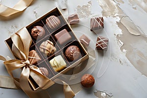 Luxury set of handmade chocolates in a gift box decorated with ribbon